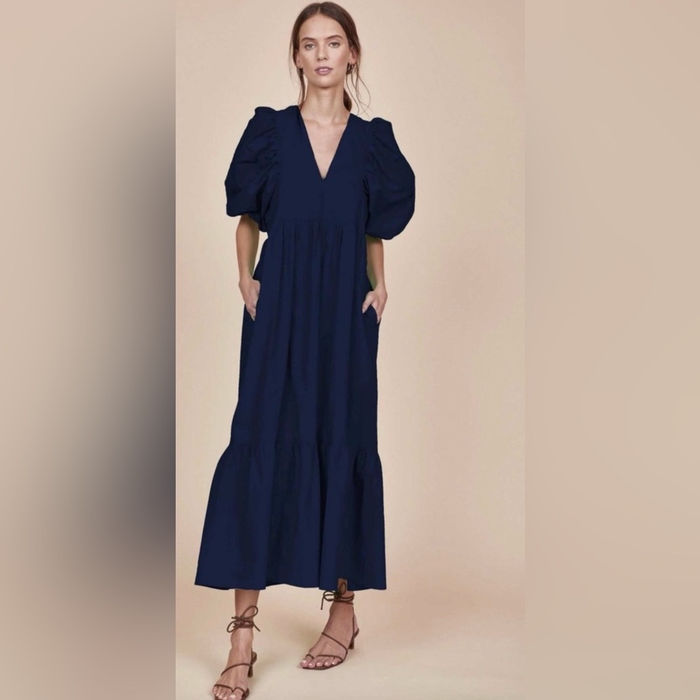 Hunter Bell Navy Long Puff Sleeve Palmer Dress Size L (measures like a‎ small)